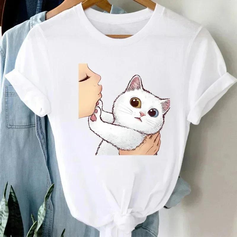 Summer Cute Cat Pattern Printed T-shirt with Breathable Micro Elastic Fashion Short Sleeved White Minimalist Versatile Top