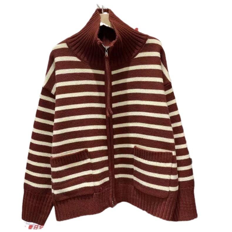 Stand-up Collar Design Striped Contrasting Zipper Long-sleeved Knitted Cardigan Women's Autumn and Winter Loose Lazy Wind Sweater Jacket Tide