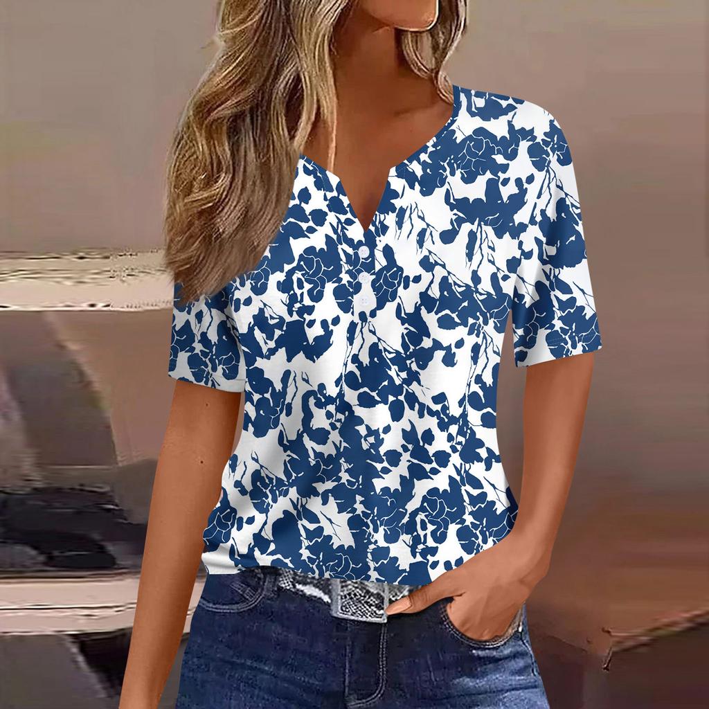 Women's T Shirt Tee Print Button Short Sleeve Daily Weekend Fashion Basic V- Neck Regular Top