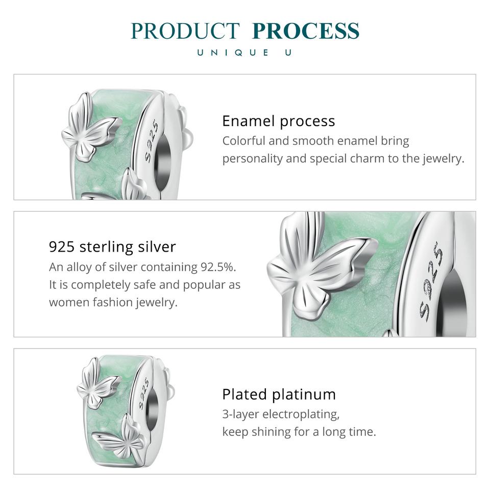 BAMOER 925 Sterling Silver Mint Green Enamel Butterfly Clip Charms Round Beads for Women Original Silver Bracelet Fine Jewelry