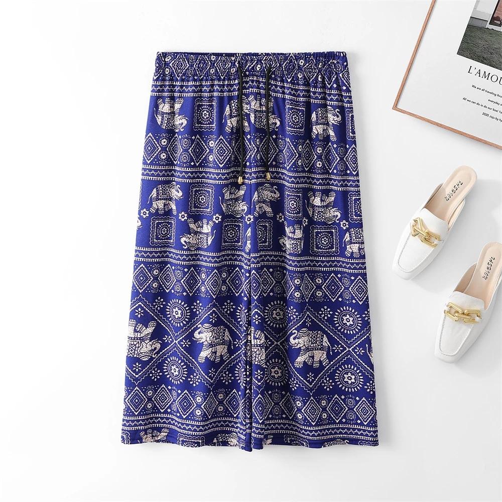 Elephant Capris Crop Pants Adjustable Elastic Waistband Rope Loose Legs Women Men Unisex Print Thailand Casual Streetwear Beach Bohemian Retro Vintage