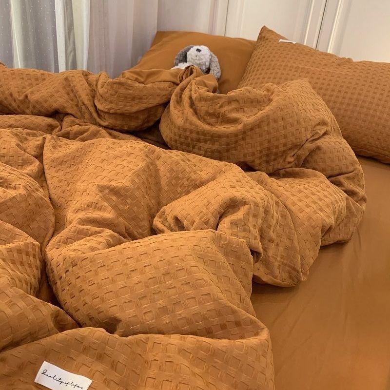 Bedding Set Luxury High Grade Light Washable Cotton Waffle Four Piece Olive Green Quilt Cover Bed Sheet Dormitory Three Piece