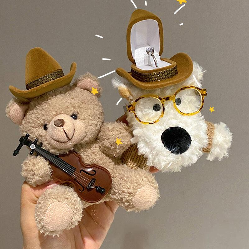 Cute Violin Brown Bear West Highland Dog Plush Doll Ring Display Box Jewelry Organizer Gifts