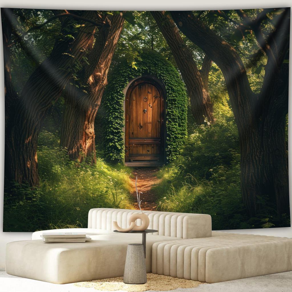 Enchanted Forest Door Tapestry Hobbit Hole Nature Landscape Wall Hanging Fantasy Decor Living Room Art Print