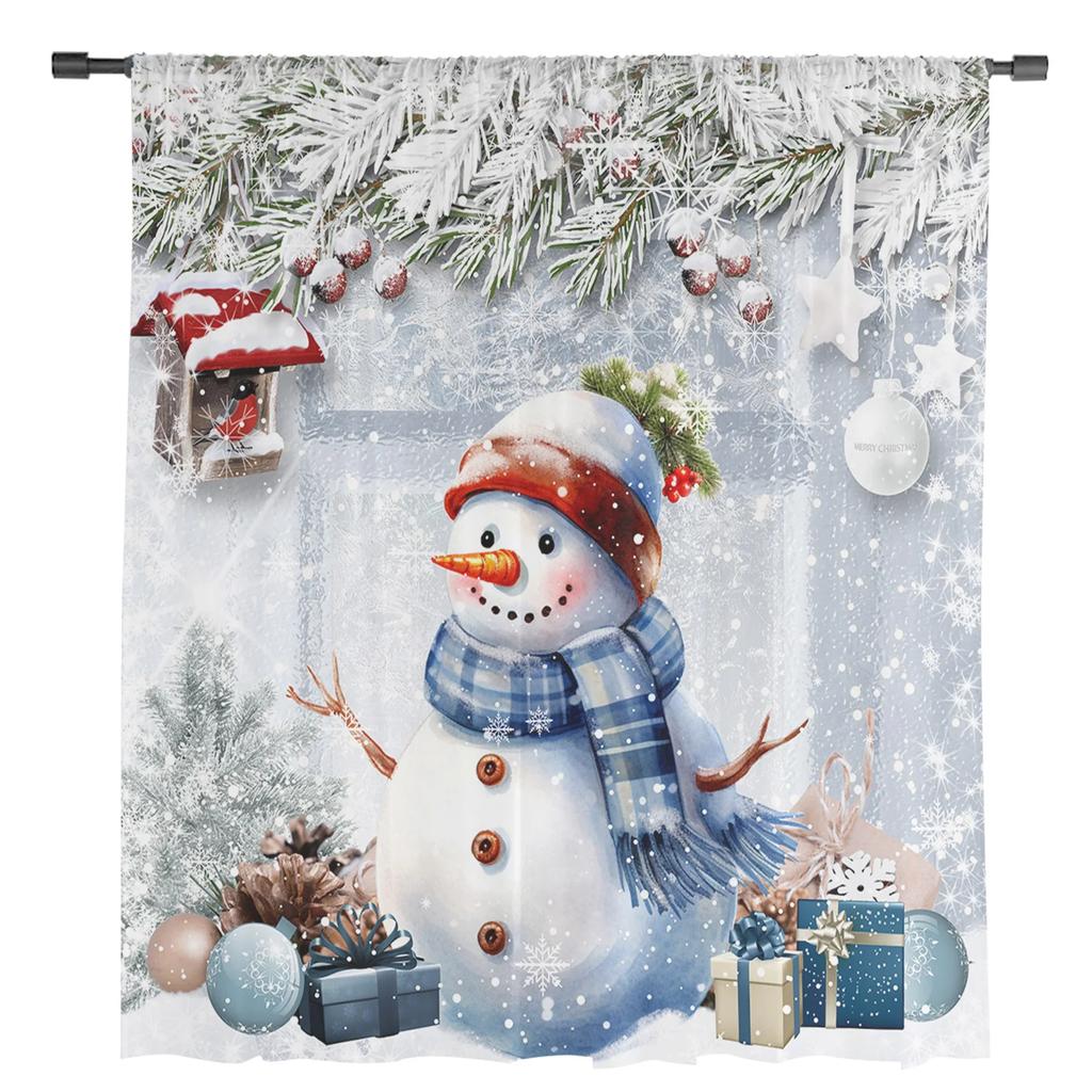 Christmas Snowflake Snowman Holly Fir Tree Sheer Curtains Living Room Decoration Window Curtains Kitchen Tulle Voile Curtains