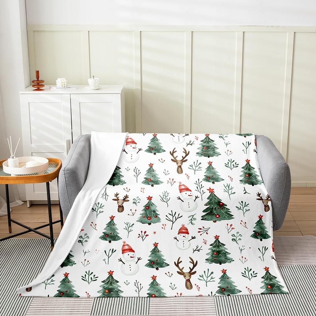 Gingerbread Xmas Flannel Blanket Blue Christmas Tree Candy Throw Blanket Western New Year Theme Cozy Throws for Bed Couch Sofa