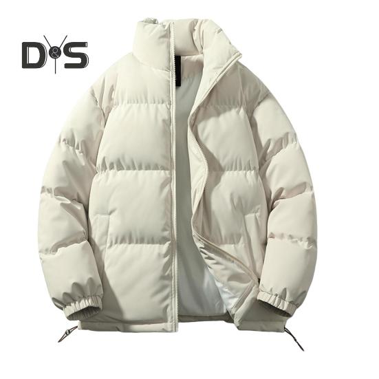 Women Men Cotton Coat Stand Collar Long Sleeve Drawstring Hem Puffer Jacket with Pockets Loose Fit Warm Winter Outerwear