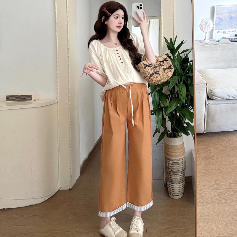 Summer 2026 Maternity Two-Piece Set: Loose Square Neck Apricot Doll Shirt & Pants Medium