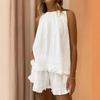 Ensemble Top Blanc sans Manches en Dentelle et Short à Volants pour Femme