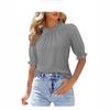 New Women's Solid Color Button Crew Neck Medium Sleeve Pleated Top
