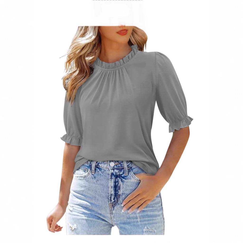 New Women's Solid Color Button Crew Neck Medium Sleeve Pleated Top