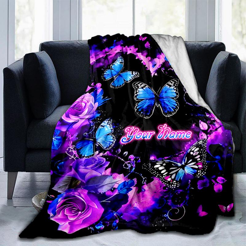 1PC Custom Name Butterflies Roses Fantasy Flannel blankets Patterns Throw Blanket All-Season Soft Gift for Couch, Bed, Camping gifts