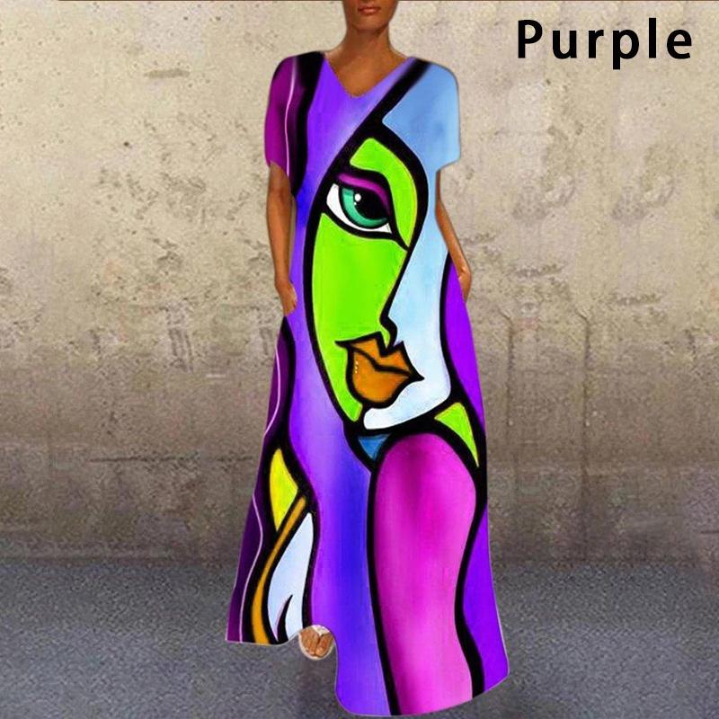 Women Summer V-neck Abstract Printed Short Sleeve Retro Long Dress Ladies Loose Casual Maxi Dresses Plus Size