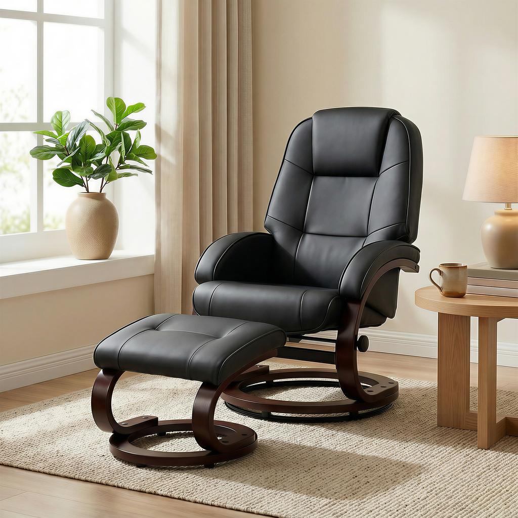 Swivel Recliner Chair With Footstool PU Leather Recliner Armchair With Adjustable Back And Wood Frame Black