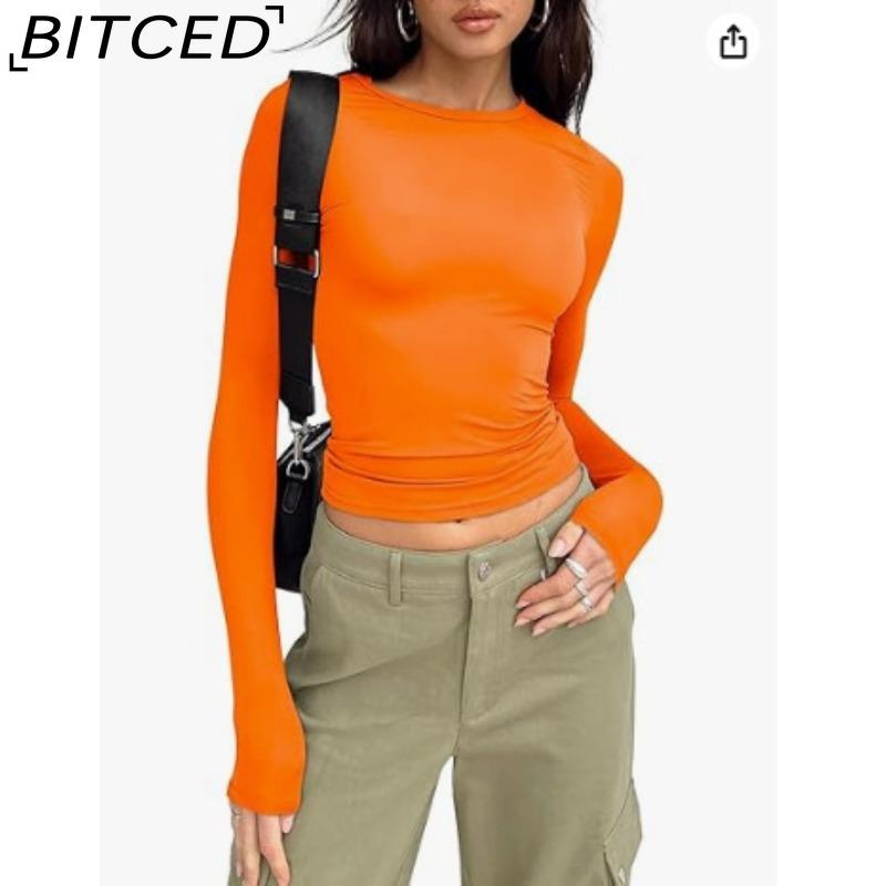 BITCED Women's Spring/Autumn T-Shirt Solid-Colour O-Neck Base Layer Slim-Fit Long-Sleeved Top