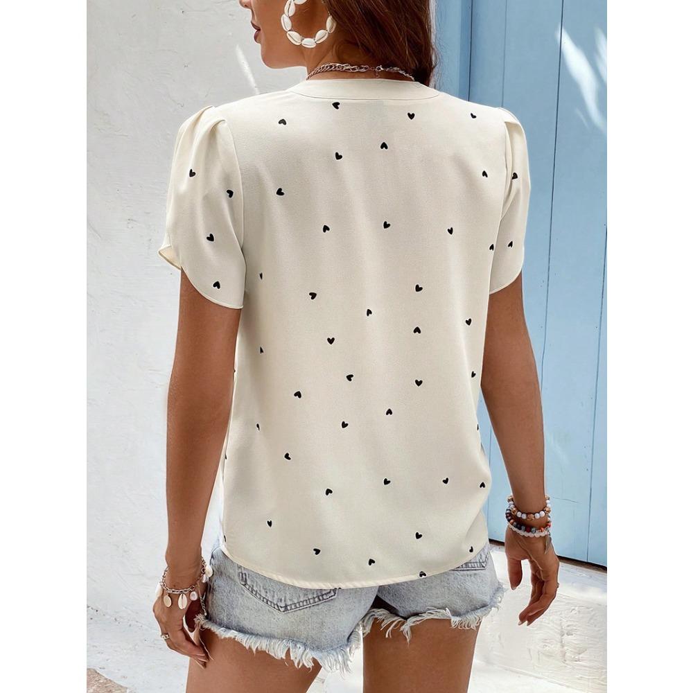 Summer new V-neck love petal pattern women's casual T-shirt top
