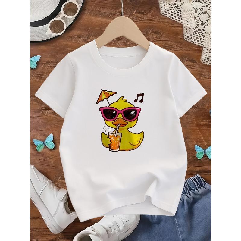 European Sizes A Short-Sleeved Casual T-Shirt for Girls Featuring Cool Glasses And a Cute Yellow Duck Print