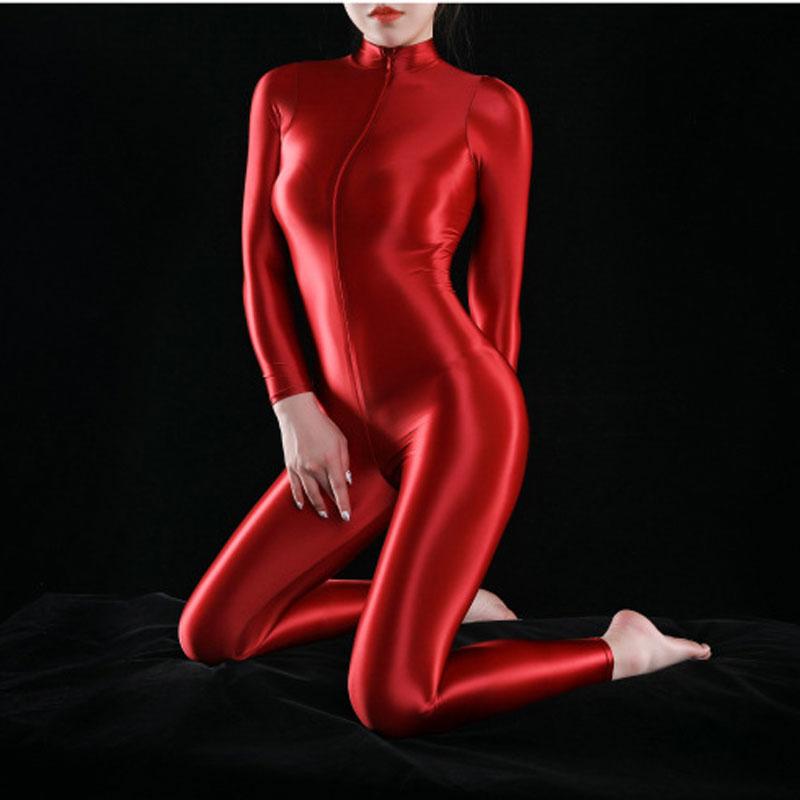 Sexy Women Full Body Bodysuit Oil Gloosy Sexy Tights Shaping Thong Open Crotch Catsuit Sheer See Through Maid Leotard
