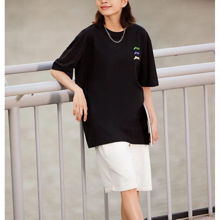 Li-Ning Loose Short Sleeve Round Neck T-shirt with Logo Print and Drop Shoulder Unisex Tops Black AHST787-4