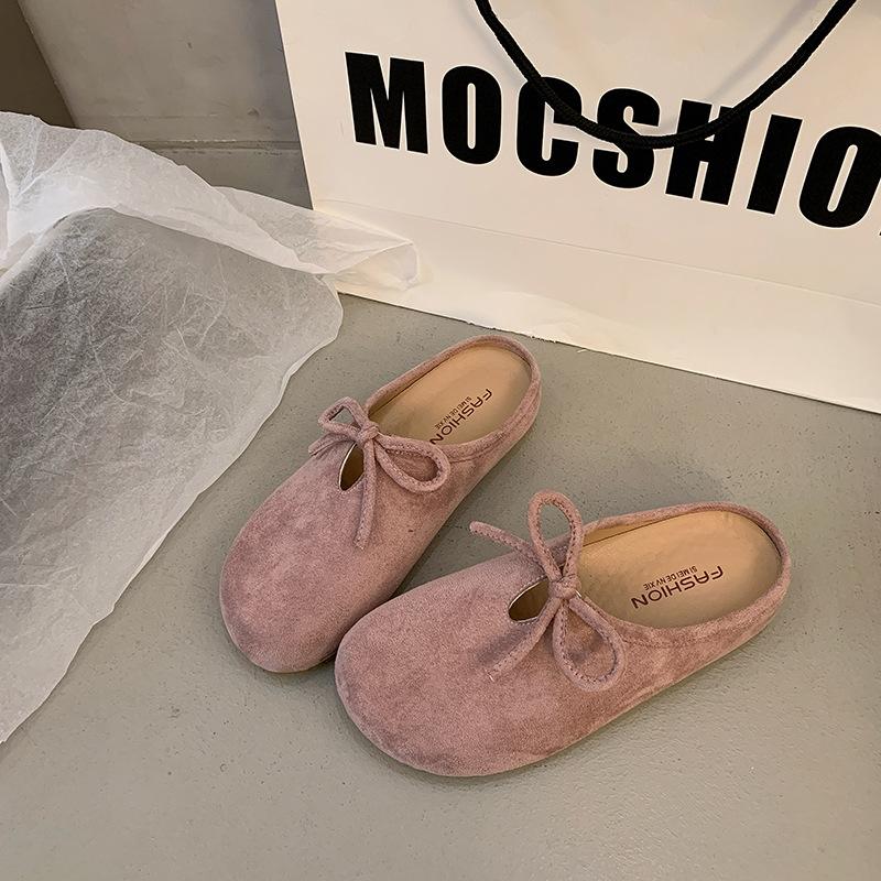Retro versatile flat-bottomed bag head slippers women's spring new bow one-pedal soft-soled half slippers