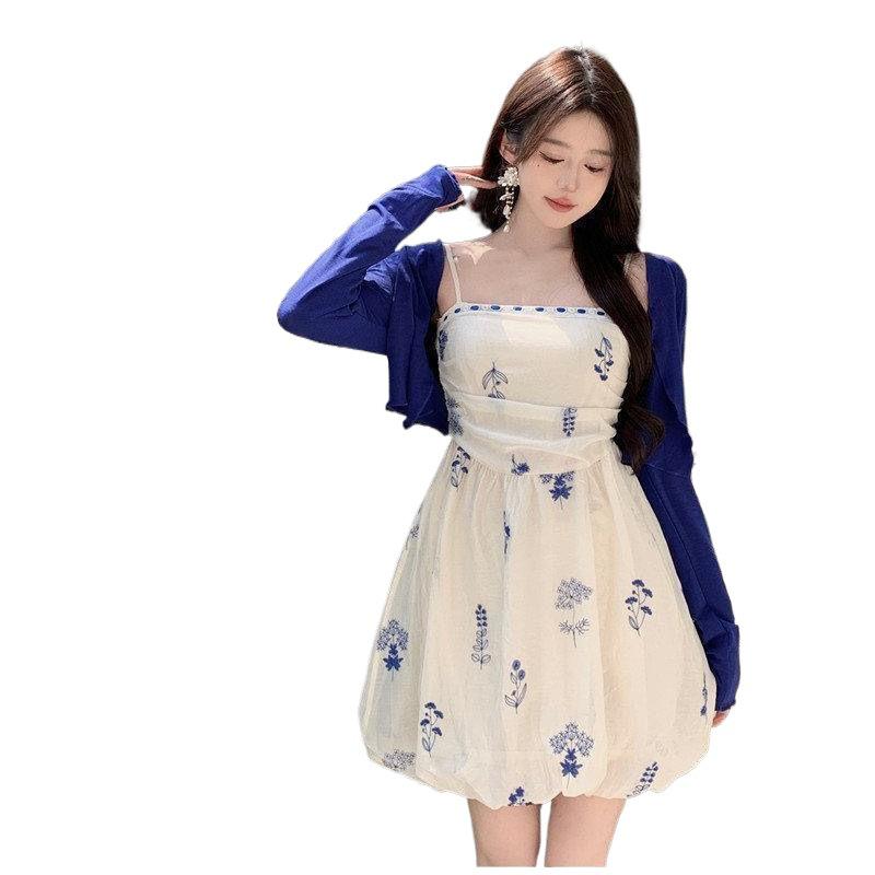 Plus Size French-Style Floral Dress & Sun Protection Cardigan Set for Women