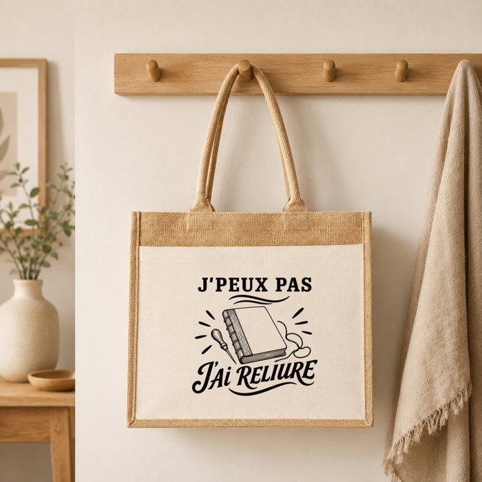 Sac Cabas Jute avec Poche J’peux pas j’ai Reliure J'peux pas minimaliste | Toile de Jute et Coton 21 L Fond Plat Anses 65 cm