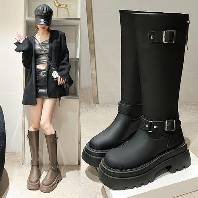 Women'S Knee High Boots For Autumn And Winter , Retro Thick Soled Knight Boots, Belt Buckle, Thick Heel, Slim And Tall Boots