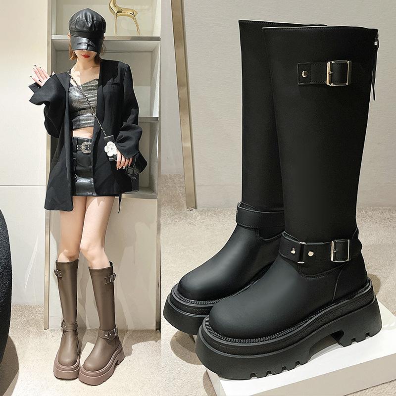 Women's knee high boots for autumn and winter , retro thick soled knight boots, belt buckle, thick heel, slim and tall boots