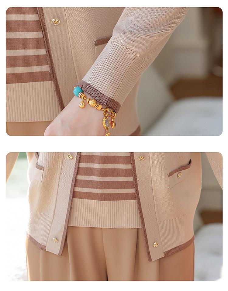 Mom's Chic Spring Knit Cardigan & Inner Layer Striped Two-Piece Set for Mid-Aged Woman