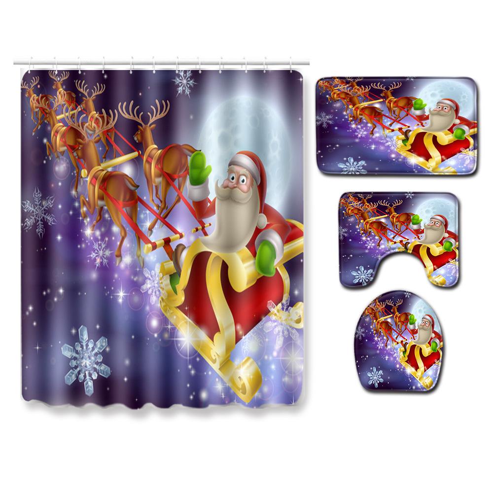 Christmas Home Door Mat Bathroom Toilet Shower Curtain Four-Piece Floor Mat Bedroom Absorbent Carpet