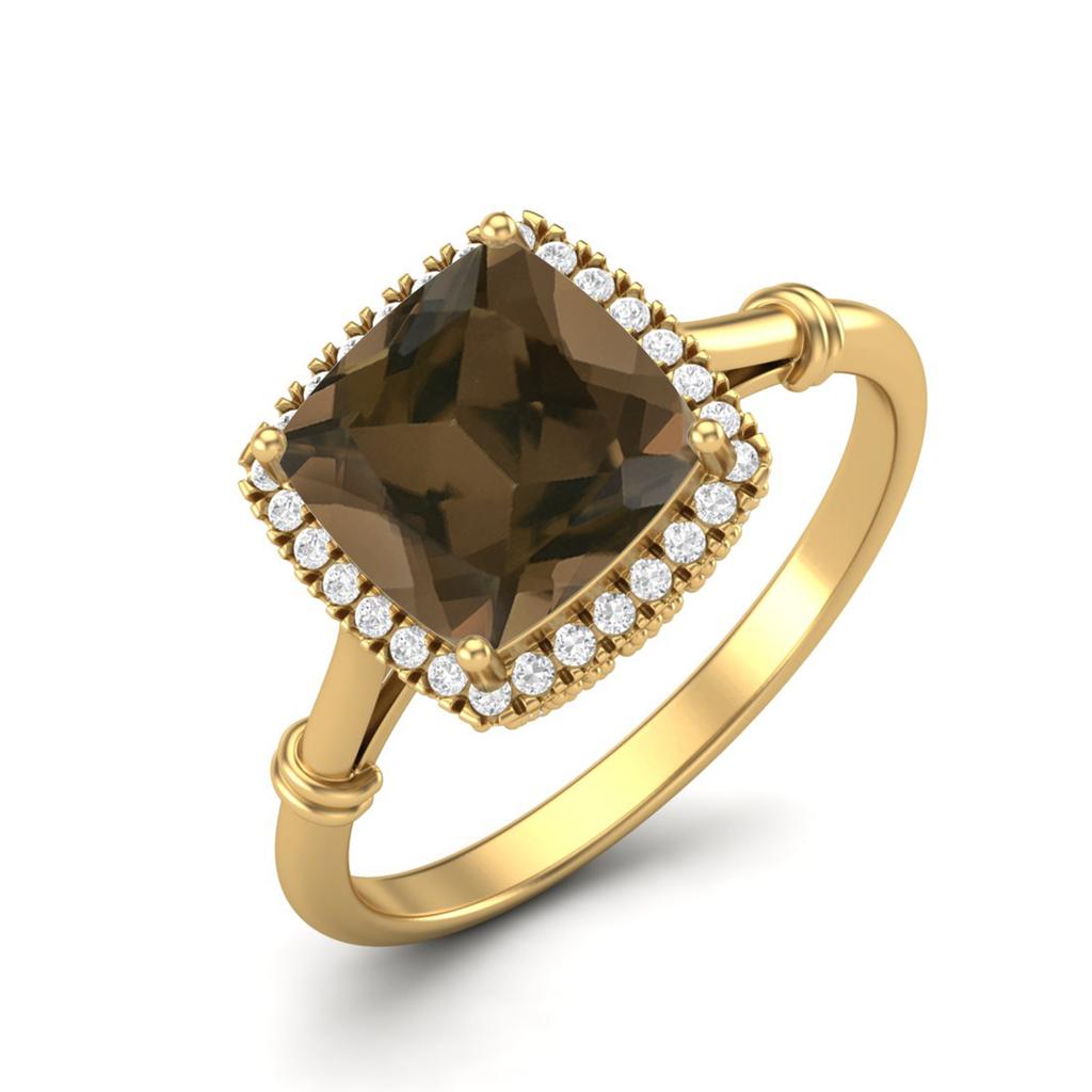 2.86 Ctw Cushion Smoky Quartz 925 Sterling Silver Gold Vermeil Solitaire Halo Women Wedding Ring
