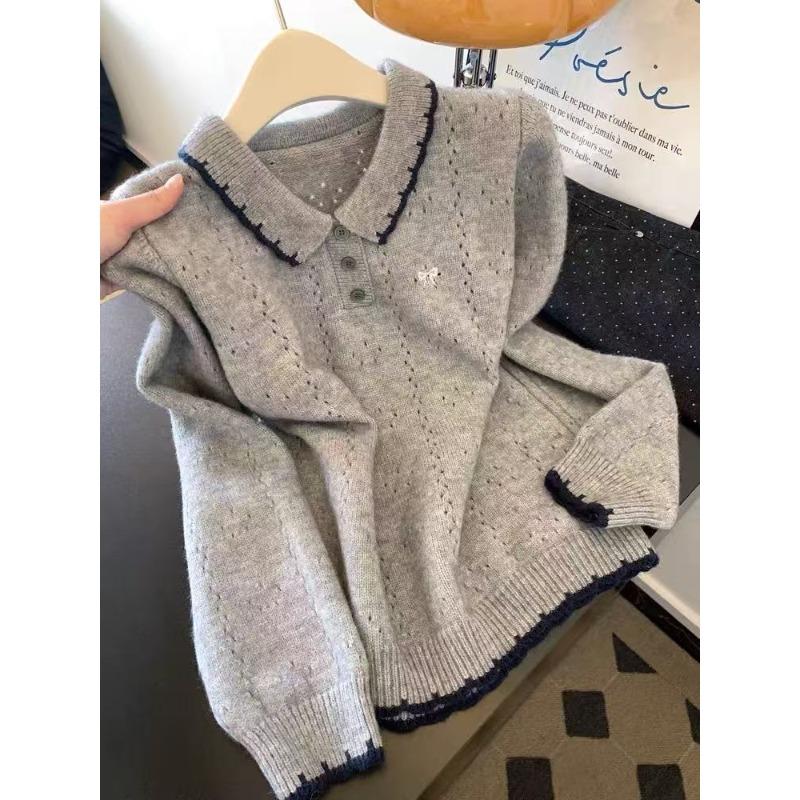 

Grey lapel hollow embroidered long-sleeved knitted sweater women s new contrasting color small top L