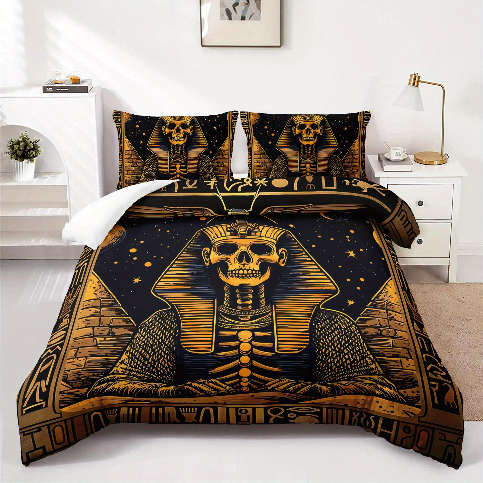 

3pcs Egyptian Pharaoh Skeleton Bedding Duvet Cover Set Ancient Egypt Bedding Quilt Set Gothic Themed Bed Quilt Set Luxury Duvet Cover Set&EU Single(135x200cm)