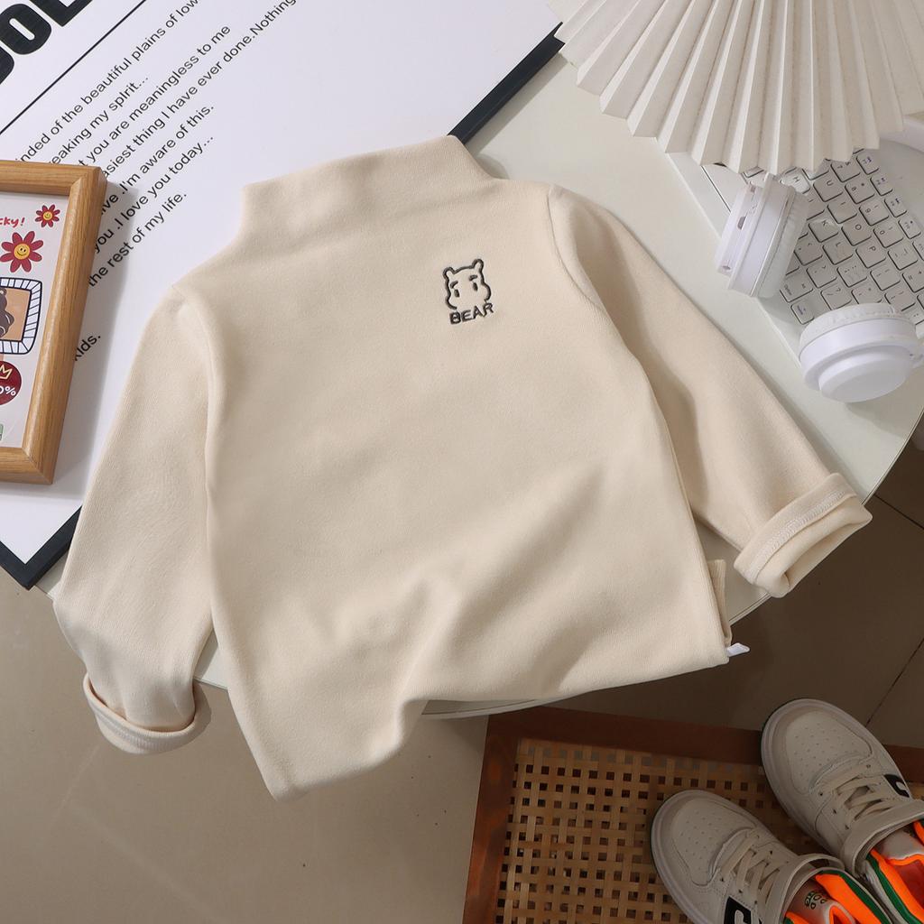 Girls' Autumn Winter Warm Base Layers, Bear Pattern, Inner Wear Outdoor Slim Fit Versatile Easy Soft Round Neck Long Sleeve Pullover Top
