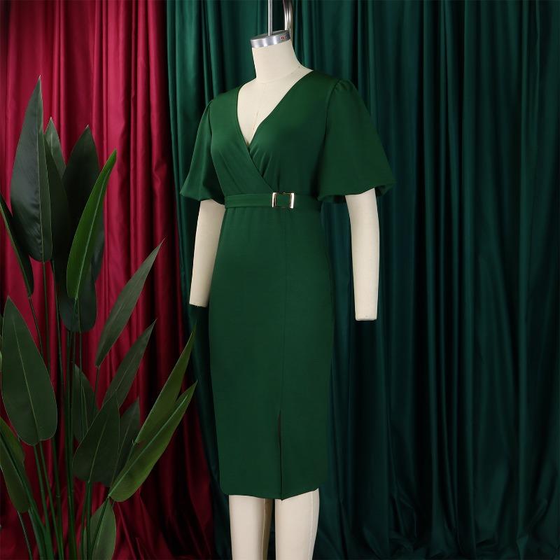 Women Fashion V Neck Puff Sleeve Solid High Waist Slit Bodycon Midi Dress