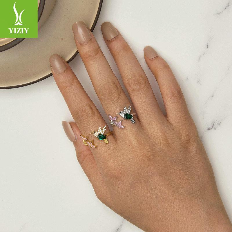Hummingbird With Flower Ring Opening, Colorful Zircon Bird Plated S925 Silver Ring