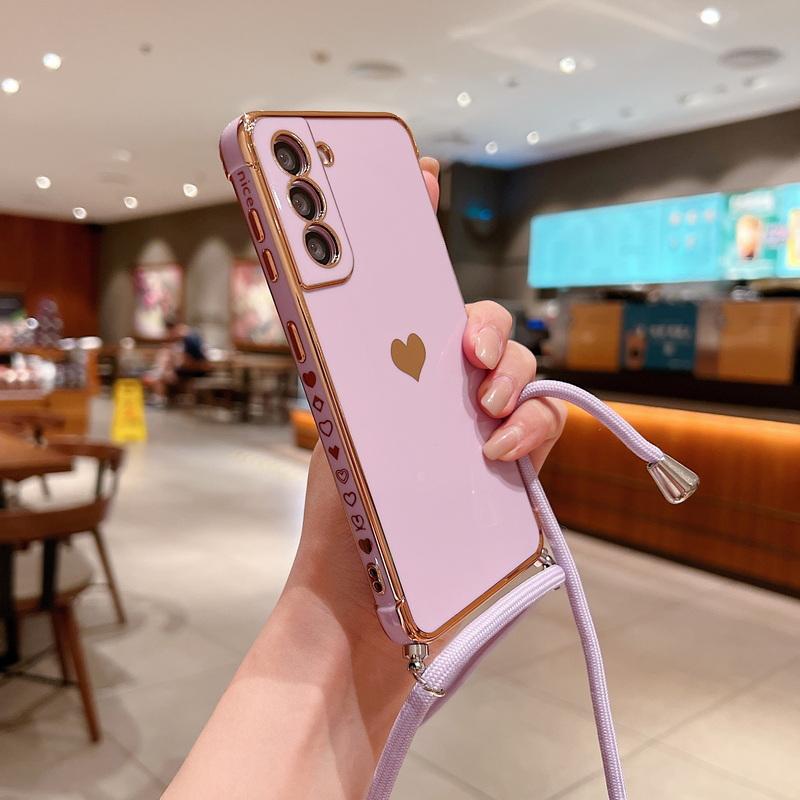 Crossbody Strap Cord Phone Case For Samsung Galaxy S25 S23 S24 Ultra S24 FE A35 A15 A16 A55 A54 5G Plating Heart Lanyard Cover