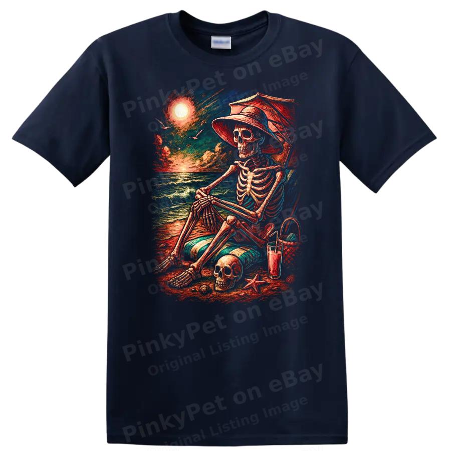Skeleton Beach Scene Relaxing T Shirt Chill Sunset Ocean Vibes Casual Tee