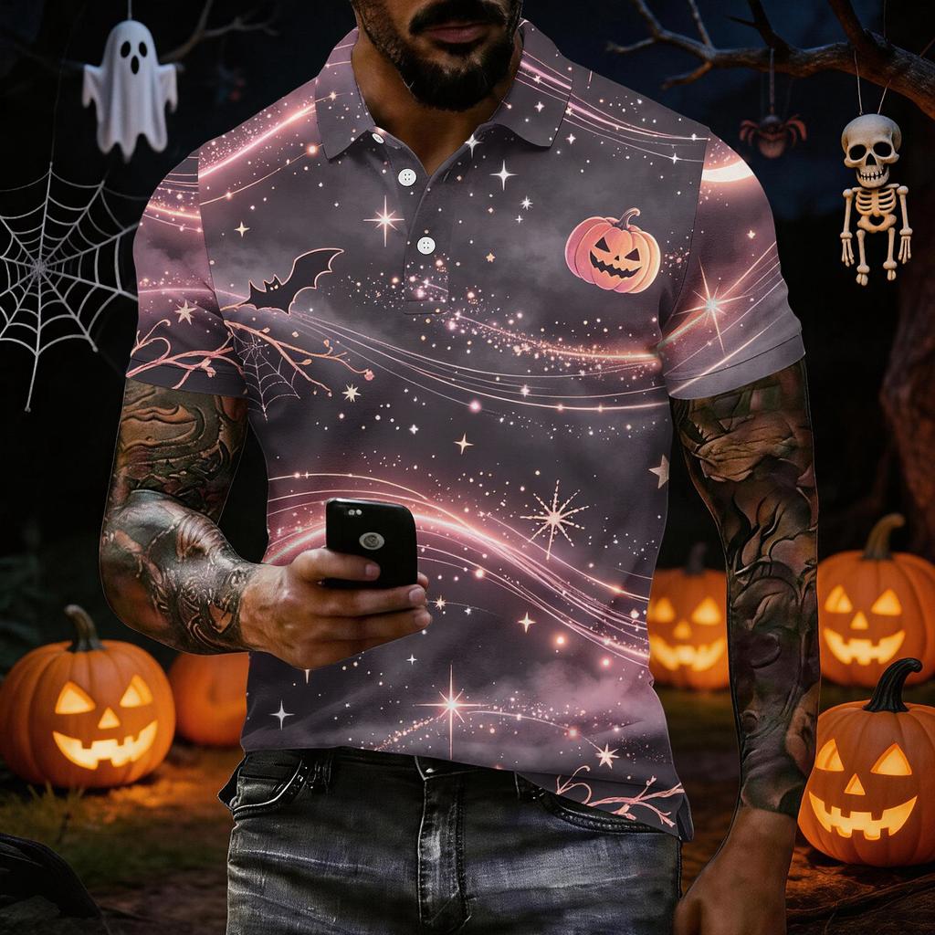 Men's Short Sleeve Halloween Print Shirt for Casual Wear and Halloween Parties