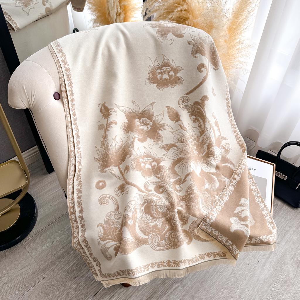 Autumn Winter Elegant Floral Design Scarf Imitation Cashmere Soft Warm Versatile Shawl Coldproof Windproof Blanket