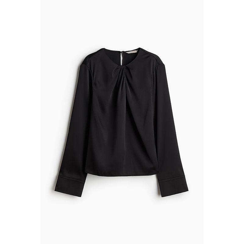 

HM Women s Shirt Autumn Soft Pendant Satin Pleated round Neck Long Sleeve Top 1246484 Black 155/80