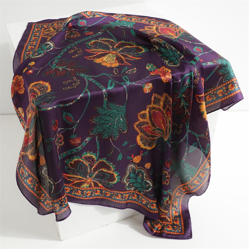 New Retro Flower Silk Scarf Sunscreen Shawl Romantic Flower Scarf Simulation Silk 71cm Square Scarf Professional Scarf Women