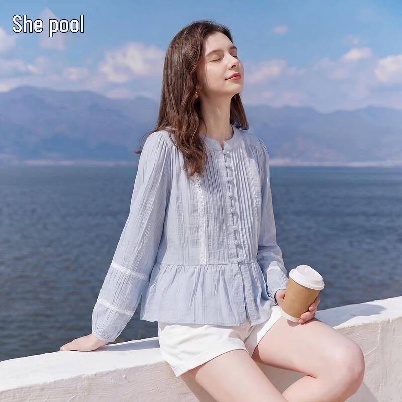 Elegant Pleated Lace Long-Sleeve Blouse M