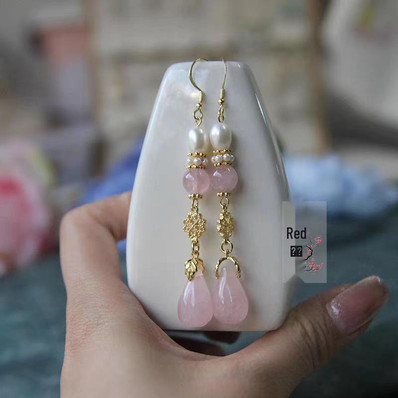 Rose Quartz Magnolia Bud Dangle Earrings - Hanfu Cheongsam Retro Style Clip-ons for Women