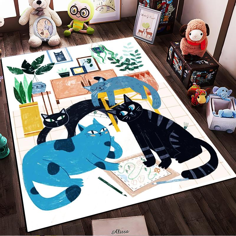 Colorful Illustration Carpet with Playful Cats1Plants1and Art Decor for Home Decor Suitable for Use As an Anti-slip for Room and Bedroom Sofas
