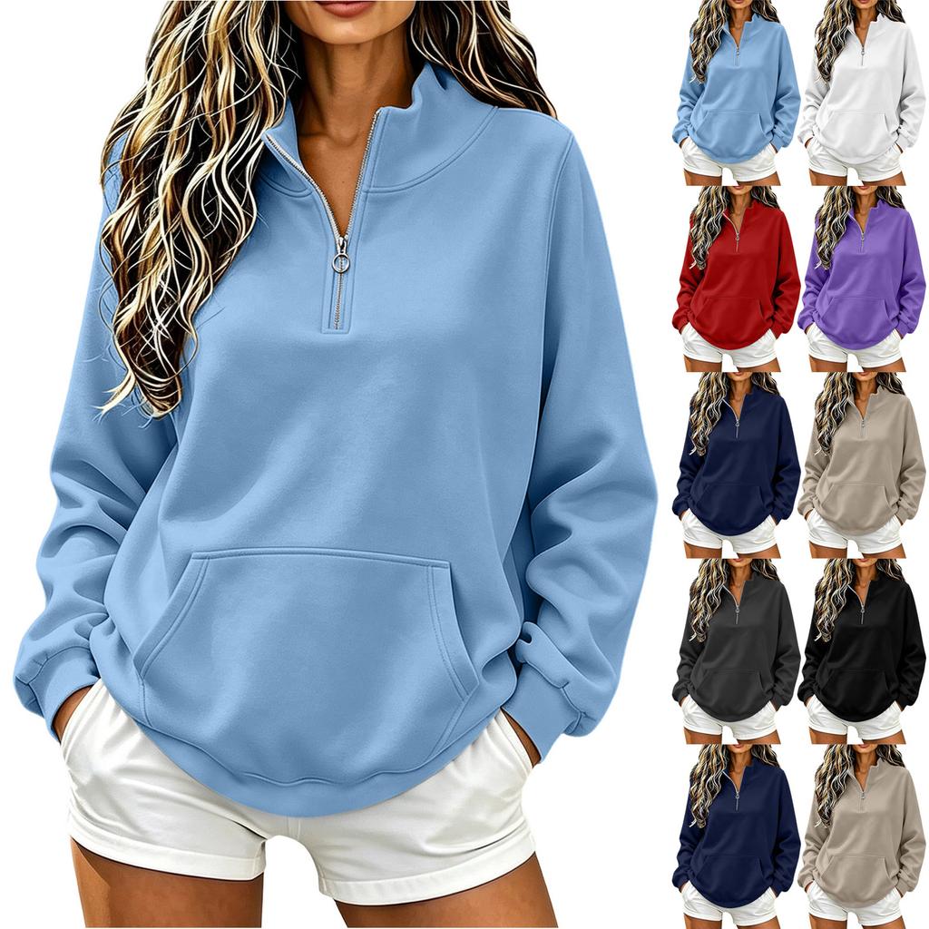 Damen Colorblock Halbreißverschluss Langarm Pullover Sweatshirt mit Taschen Lockerer Schnitt