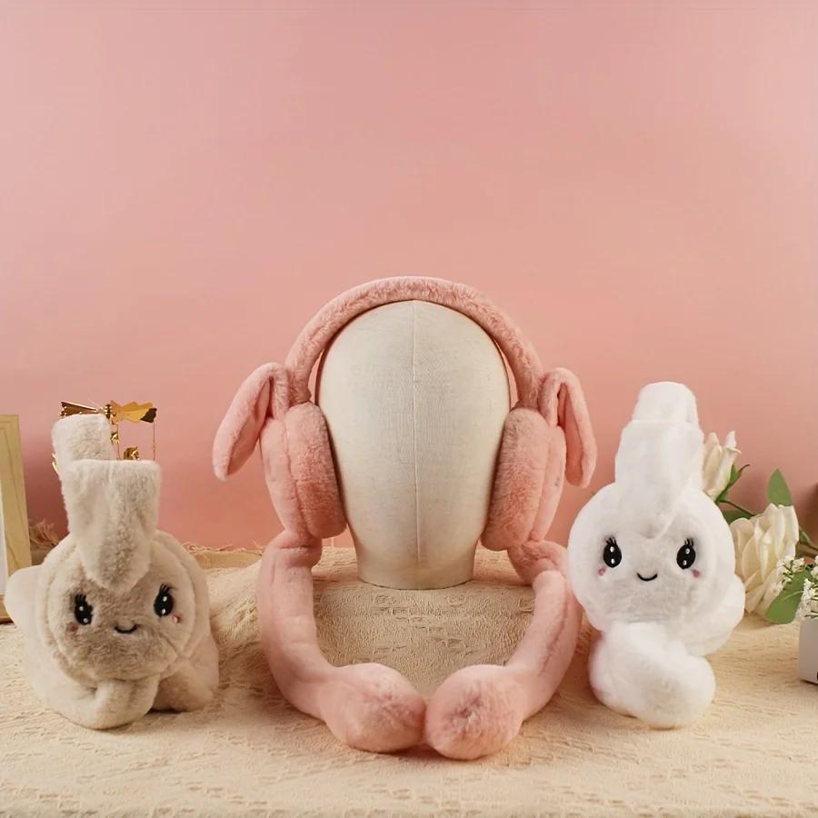 Cartoon Bunny Ear Warmers Plush Knitted Stretchable Polyester Ear Muffs Reusable Cozy Ear Covers for Winter Hand Wash Care