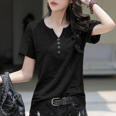 Camiseta de Manga Corta con Cuello en V para Mujer Tallas Grandes Holgada Ajustada Color Sólido Simple Estilo Coreano Verano Casual Top