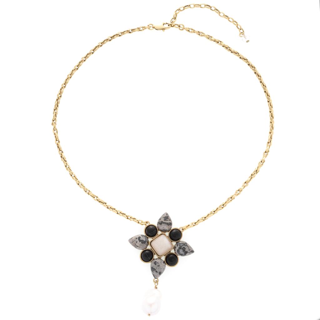 Natural Stone Flower Necklace Copper Alloy Plated Old Gold Temperament Niche Light Luxury High-End Earrings Women