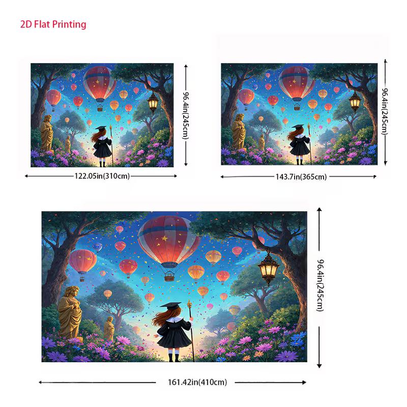 2D Magical Graduation Backdrop 2D Graduate Girl with Staff and Colorful Balloons Photo Background for Photography Decor